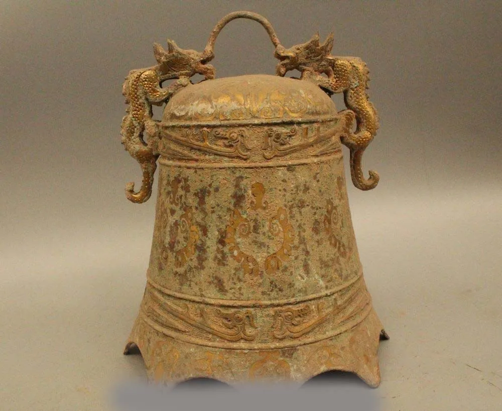 11" Ancient China Chinese Temple Buddhism Bronze Gild Hang Two Dragon