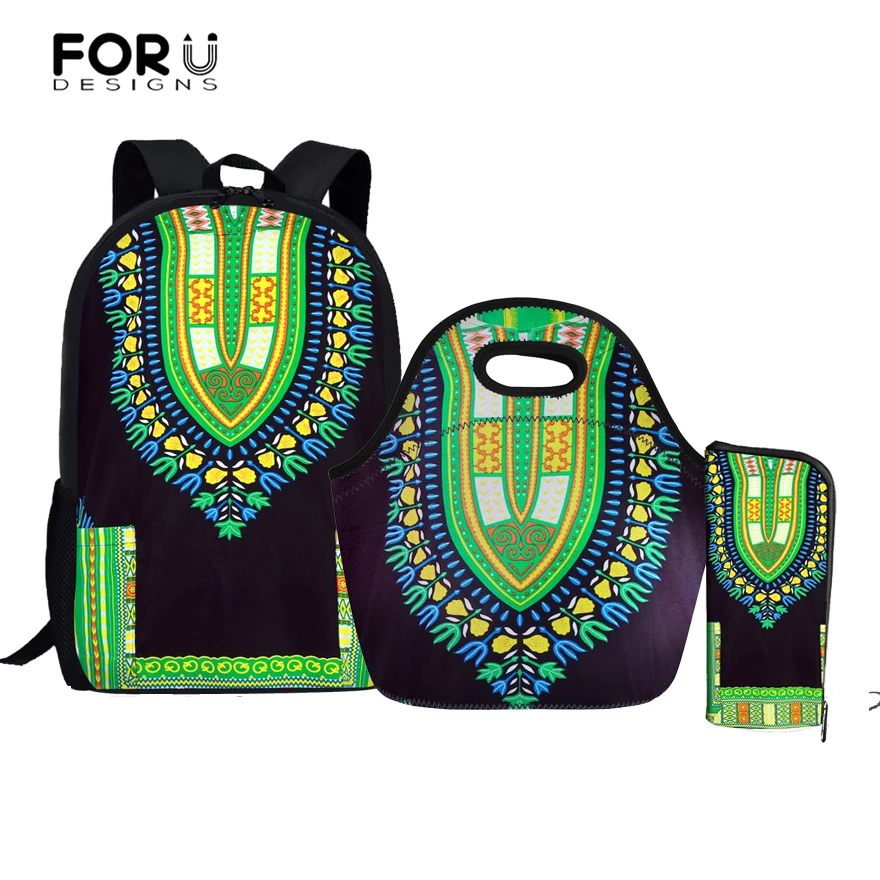 

FORUDESIGNS 2019 New African Traditional Printed Girls School Bag 3 Pcs/set Lunch/Pencil Bag Primary School Backpacks Mochilas