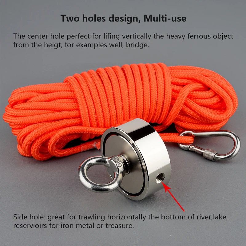 Double Side Power Neodymium N52 Magnet kit Fishing 600KG Combined Salvage Search Magnetic Material 15m Rope