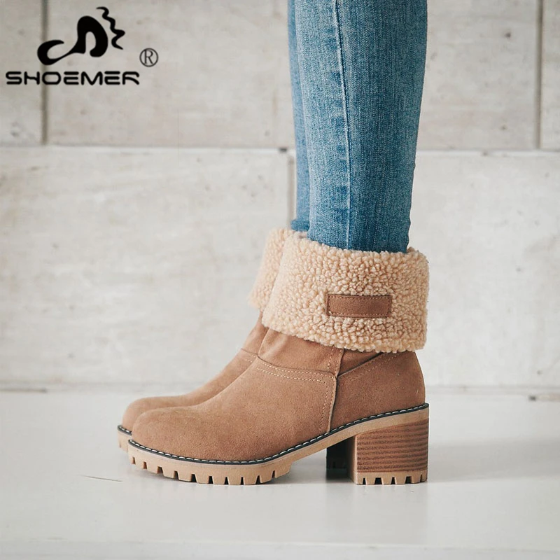 

SHOEMER New Women Boots Winter outdoor keep Warm Fur Boots Waterproof Women's Snow Boots Thick heel with round head short boot