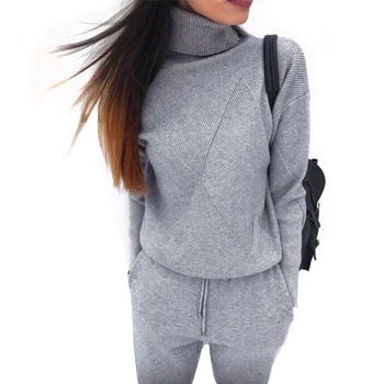 

Women Sweater Tracksuit Suit Two Piece Sets Casual Knitted High Neckline Long Sleeve Pullover Sweaters Tops Pants Knitted Female