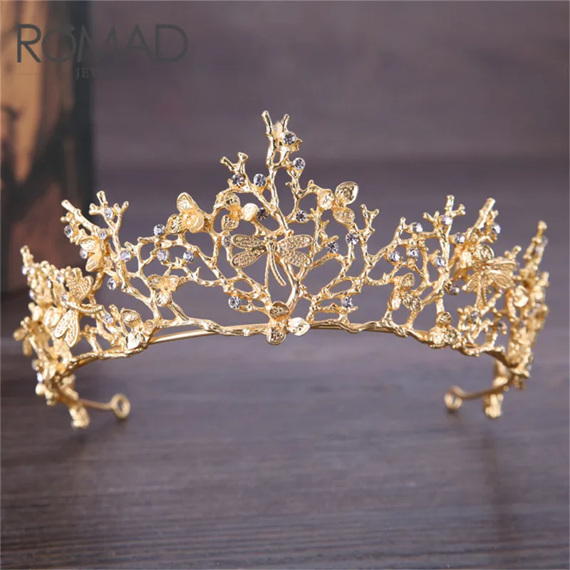 

ROMAD HOT Baroque Tiaras Floral Charms Crown Rhinestone Handmade Vintage Dragonfly Wedding Headpieces Bridal Hair Accessories R4