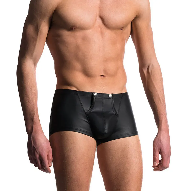 2Pcs Sexy Black Underwear Men Patent Leather Boxers Nylon Low Waist Boxer Shorts Gay Tights Panties Male Capsule Underpants
