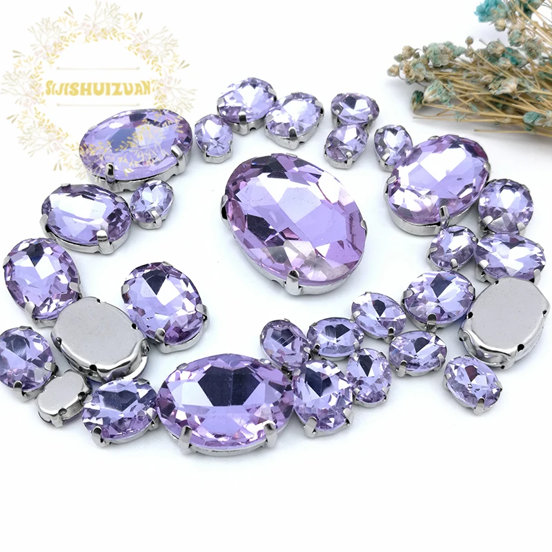 

NEW!!! 30pcs 5 SIZES MIX Crystal violet OVAL Size Crystal Glass Sew-on Rhinestones Silver Bottom DIY wedding decoration