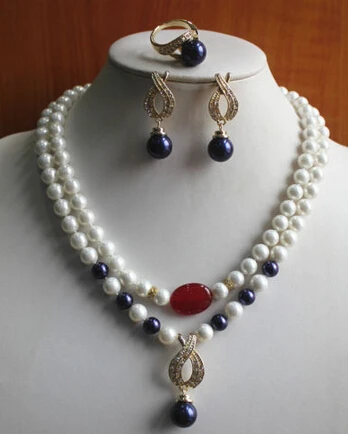 

Jewelry 001472 New Design 8mm 2 Rows Mixed Jade/Pearl/Crystal Necklace Earring Ring Jewelry Set new