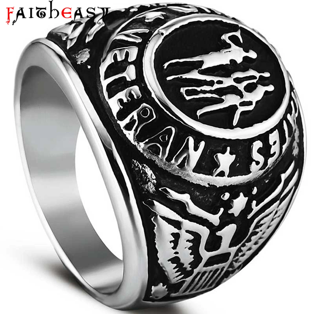 FAITHEASY Fashion Stainless Steel Rings For Men US Veteran Theme Men