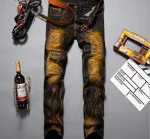 2017 New Fashion Jeans Men Straight Denim Jeans Trousers Plus Size 28-36 High Quality Cotton Logo Brand orange button Mens Pants