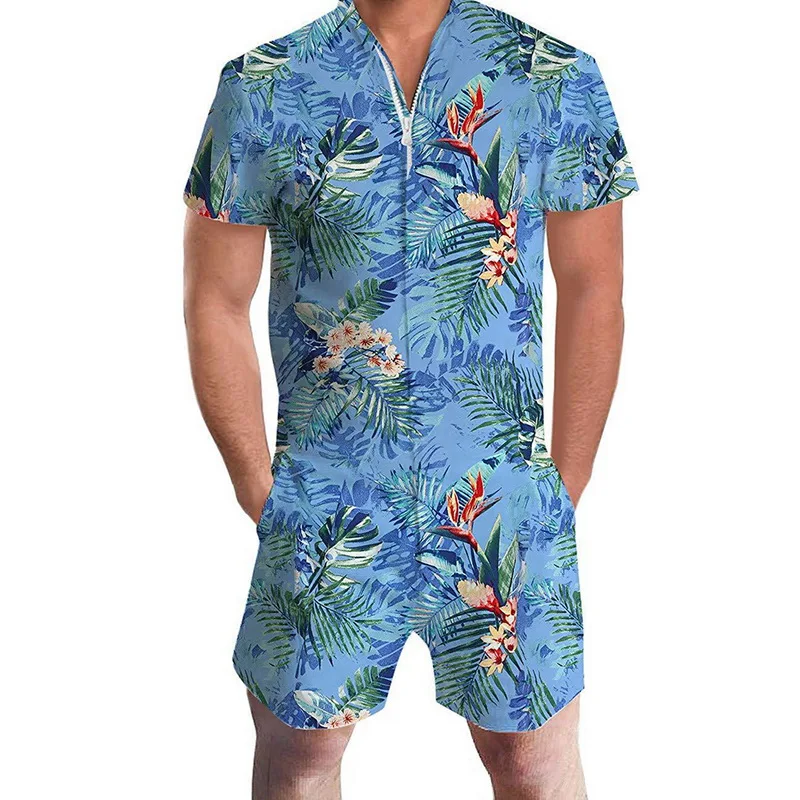Fashion Print Overalls Pants Zipper Fly One Piece Cargo Pants Men Casual V-Neck Short Sleeve Streetwear Knee Length Pants Men