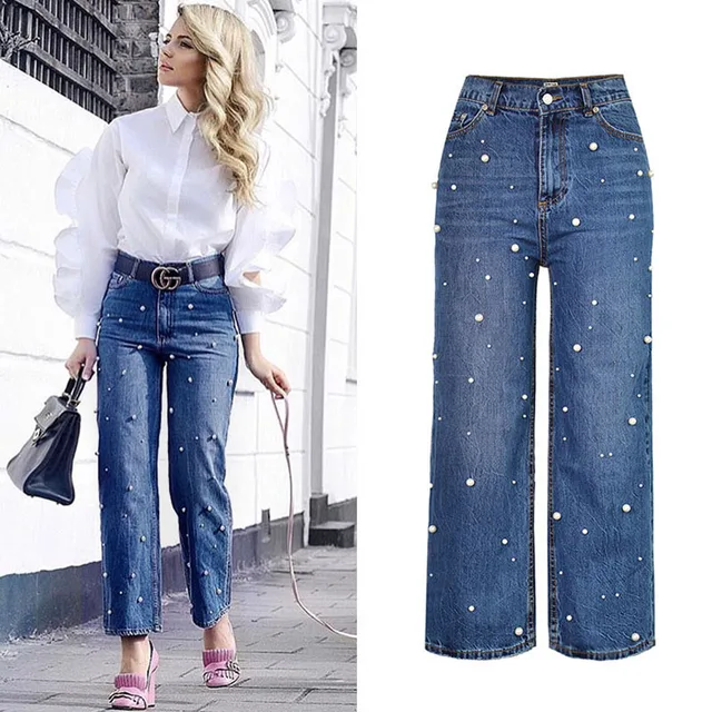 Donne A Vita Alta Dritto Perla Jeans Con Strass 2017 Si Slaccia Più Mamma Jeans Pantaloni Denim