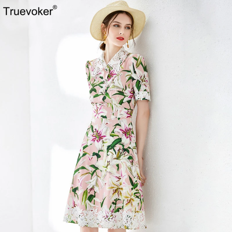 

Truevoker Summer Designer Dresses Women's Peter Pan Collar Short Sleeve Pink Flower Printed Embroidery Holiday Vestidoes