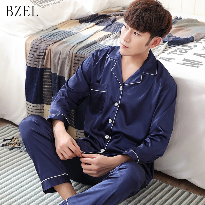 

BEZL Pajamas Set Men's Clothing At All Seasons Silk Satin Sleepwear Suit Casual Homewear Long Sleeve Sleep Lounge Underwear 2PCS