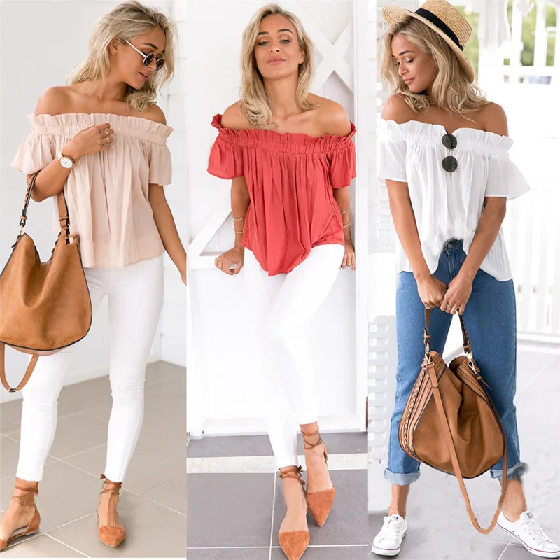 Off Shoulder Blouse Shirt Women Tops Ruffles Sexy Chiffon Blouse Elastic Collar Summer Top Chemise Femme Blusas03