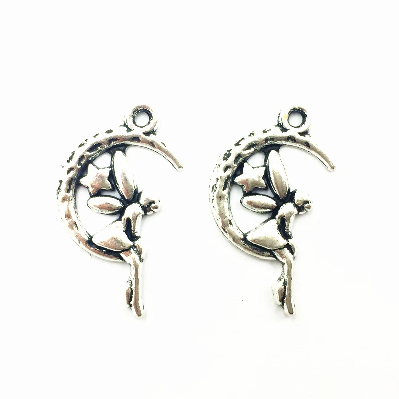 

20Pcs Antique Silver Tone Fairy With Star Sit On the Moon Metal Pendants Jewelry DIY Making Findings Charms 26x15mm