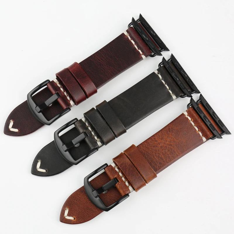 MAIKES Vintage Oil Wax Leather Strap For Apple Watch Band 42mm 38mm / 44mm 40mm Series 4/3/2/1 iWatch Black Bracelet Watchband