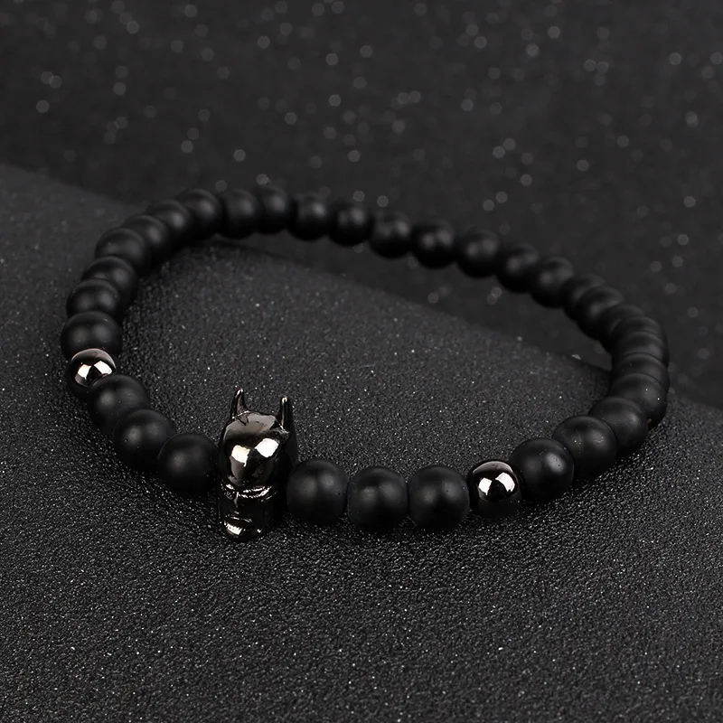 

1 pcs New male Natural Stone Alloy Batman helmet Charm Bracelet beads with volcanic rock men Jewelry Lava Yoga Bracelets gift