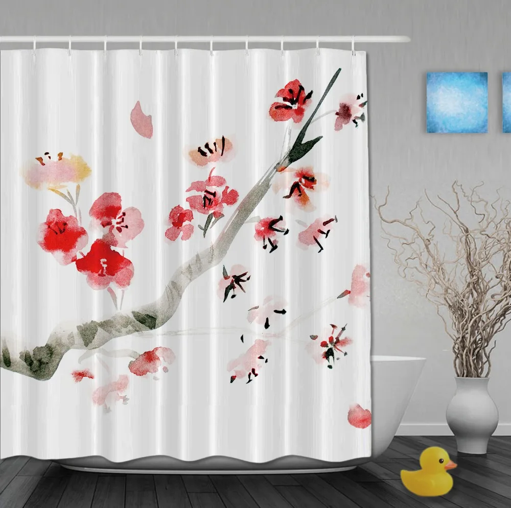 Plum Blossom Flying Around Petals Red White Shower Curtains Waterproof