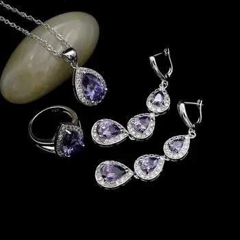 

Water Drop 925 Sterling Silver Jewelry Sets For Women Party Decoration Purple White Crystal Long Earrings/Pendant/Necklace/Ring