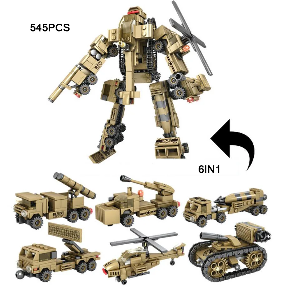 

Future military 6in1 Transformation robot building block ww2 army batisbricks assemble bricks mini tank helicopter toys for boys