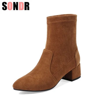 

2019 Autumn Fashion Women Boots Pointed Toe Yarn Elastic Ankle Boots Thick Heel High Heels Shoes Autumn Woman Female Boots