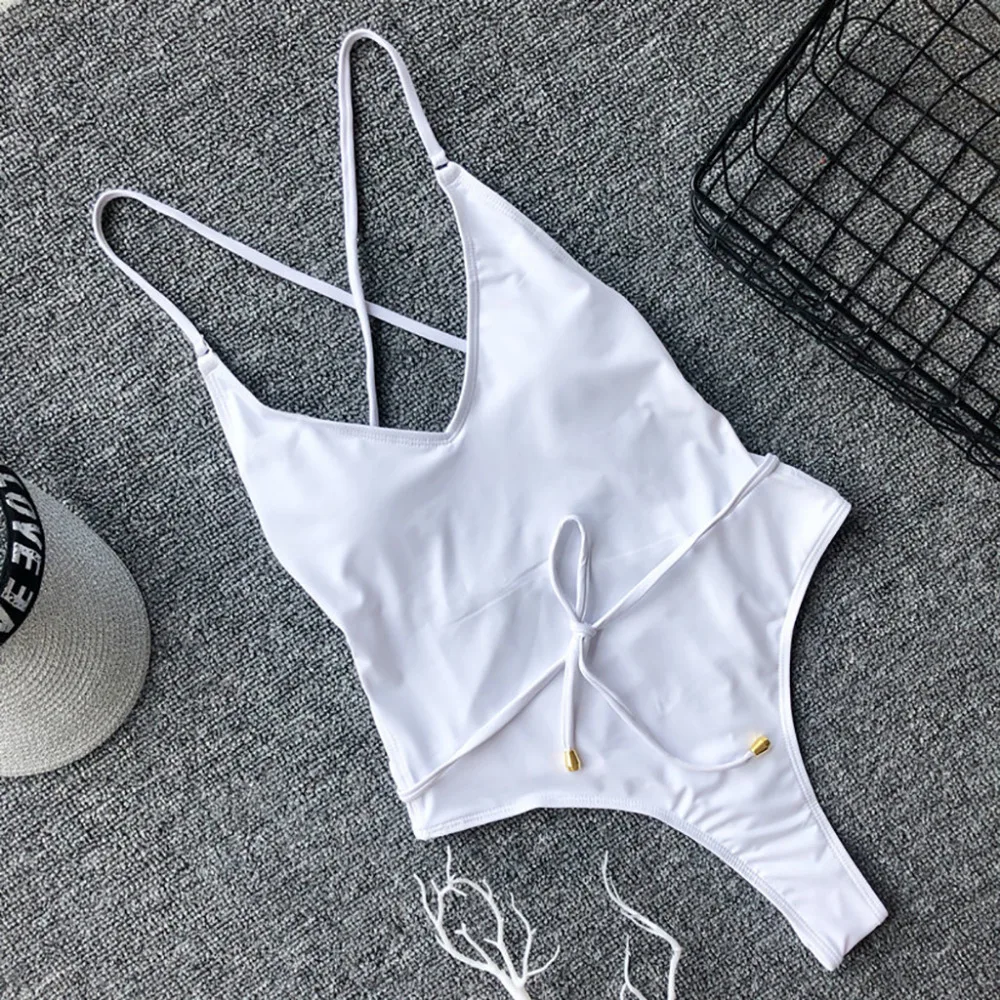 2019 women's drawstring halter one-piece sexy bikini set summer solid color sexy swimwear push up bikinis e fatos de banho 40J13 (12)