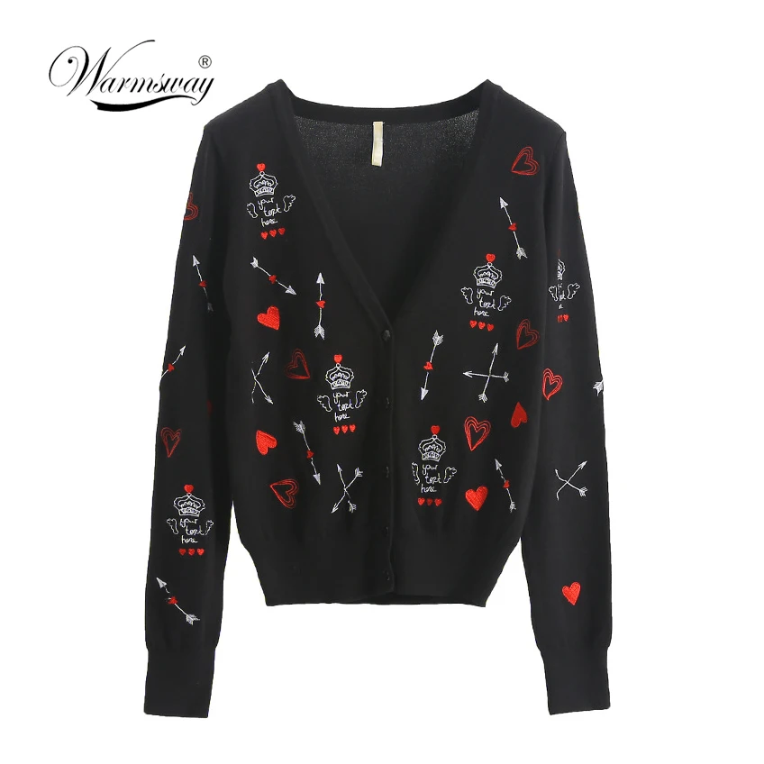 

Luxury Designer Brand Knitted Sweater for Women V Neck Embroidered Arrow Through Heart Pattern Knitted Cardigans Black B-179