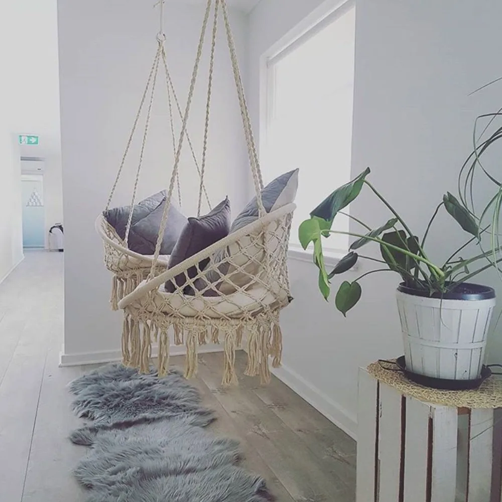 Nordic Style Handmade Knitted Round Hammock Outdoor Indoor Dormitory Bedroom Children Swing Bed Kids Single Chair Hammock Decor Nordic Style Handmade Knitted Round Hammock Outdoor Indoor Dormitory Bedroom Children Swing Bed Kids Single Chair Hammock Decor