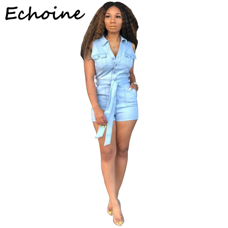 

Echoine Fashion Cowboy Jumpsuit Bodycon Sleeveless With Belt Pocket Turn Down Color Short Rompers Womens Jumpsuit Overalls