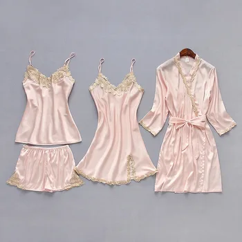 

CEARPION Women Pajama Bathrobe Set Sexy Lace Sleepwear Satin 4Pcs Shirt&Pant&Bathrobe&Nightdress Kit Femme Nightgown Nightwear