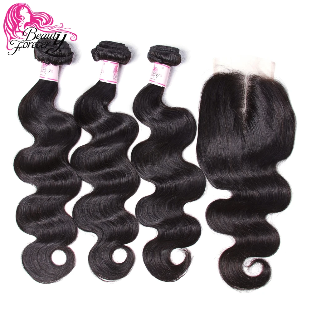 Beauty forever Body Wave индийские волнистые волосы 3 пучка с 4*4 Кружева Закрытие бесплатно/средний/три части Remy человеческих волос для наращивания