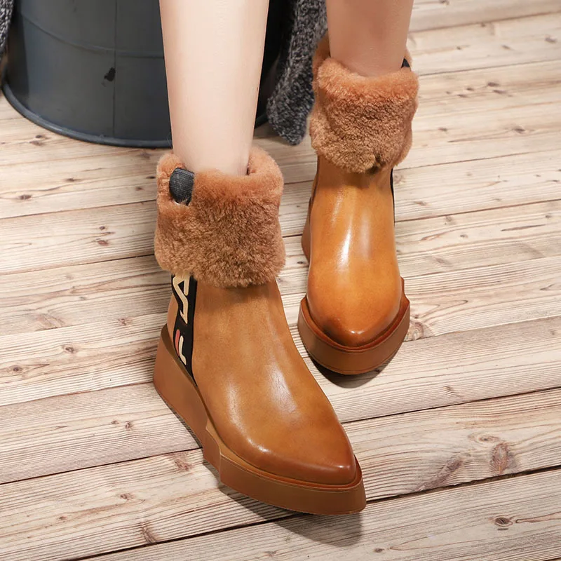 

Women Genuine Leather Snow Boots Warm Winter Shoes Pointed Toe 6 CM High Heel Wedge Shoe Sheep Fur Fashion Handmade Martin Boots