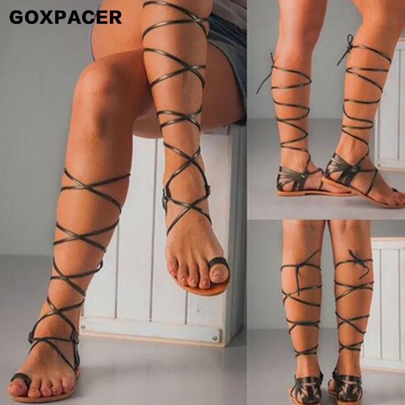 Женские босоножки на плоской подошве GOXPACER черные повседневные туфли до колена