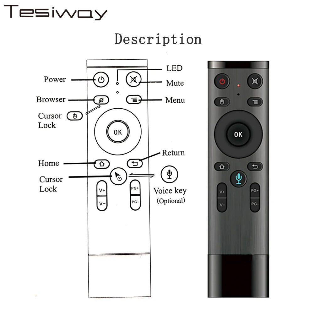 Tesiway Remote Q5 Voice Fly Air Mouse For Gyro Sensing Game 2.4G Wireless Remote For Android TV Box Smart TV All-in-one PCTV01