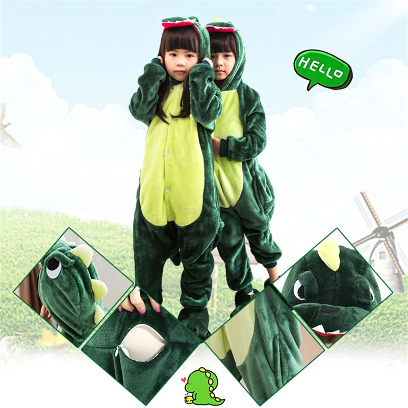

Winte Children Green Dinosaur Animal Pajamas Sets With Slipper Women Flannel Hooded Cute Cartoon Halloween Cosplay Pijama
