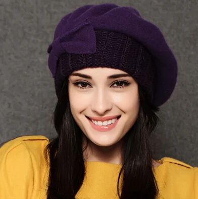 FS осенне-зимние женские модные шапки, теплая шерстяная шапка s, шапка для художника, шапка в виде тыквы для женщин - Цвет: Фиолетовый