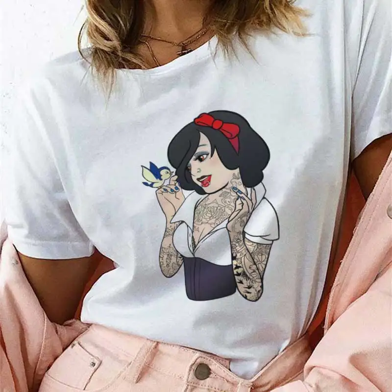 

Women Clothing Punk T Shirt Women Cartoon Light Black Hair Tattoo Snow Princess Printing Top Tee Women Short Sleeve T Shirts