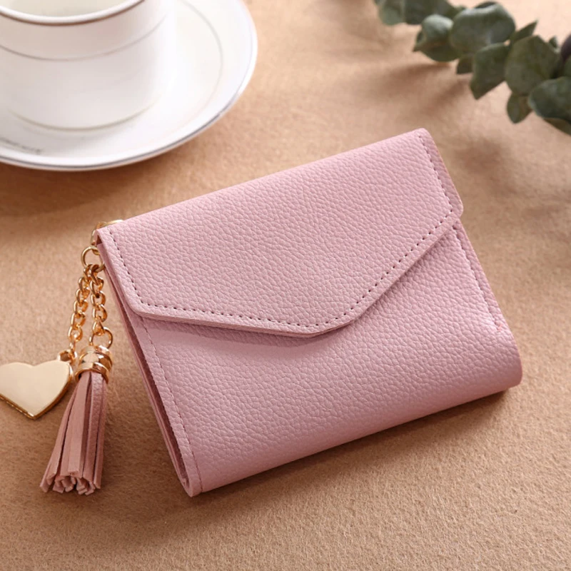 

BONAMIE 2019 Tassel Women Short Wallet Pu Leather Girl Solid Litchi Fold Purse Female Brand Small Hasp Heart Pendant Wallet Lady