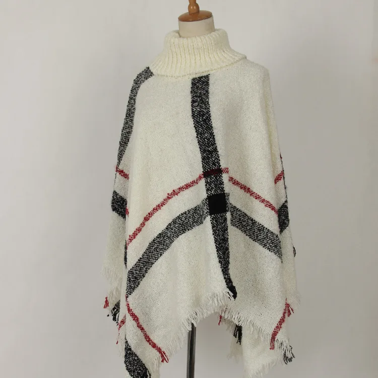 Вязаный плащ-шаль для женщин модный клетчатый теплый свитер с высоким воротником Свободный пуловер с кисточками женский необычный Повседневный Топ H535 - Цвет: white