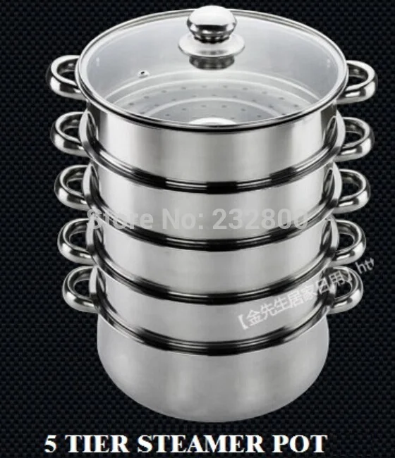 

0 inox3-5-layer cooking steamer pot 28-40cm kitchen pot with glass cover casserole with steamer capsuled bottom