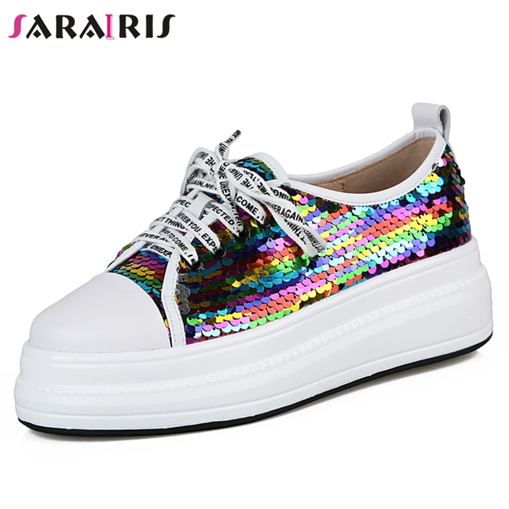 

SARAIRIS Fashion Colorful Blings Spring Autumn 2019 Valcannize Shoes Woman Genuine Cow Leather Shoes Flats Woman