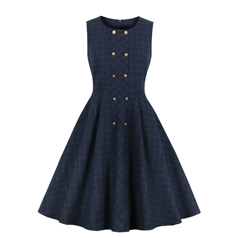 

Summer 50s Plaid Dress 2019 Women Brand Sleeveless Casual Robe Vintage A Line Blue Elegant Preppy Style Swing Retro Dresses Girl
