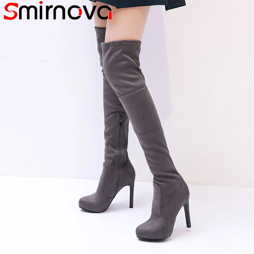 

Smirnova fashion autumn winter shoes woman platform ladies Elastic boots super high thin heel flock women over the knee boots
