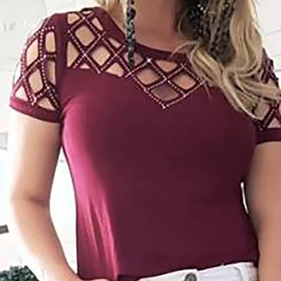 Женская Сексуальная футболка с коротким рукавом, украшенная бусинами, летняя и осенняя Женская Повседневная футболка с круглым вырезом, Женская открытая футболка - Цвет: wine red