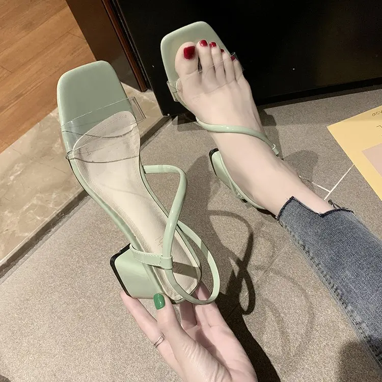 

Women Pumps 2019 Women Heel Sandals Women Lace Up Transparent Shoes Summer Ankle Strap High Heels Female Thick Nude Shoes