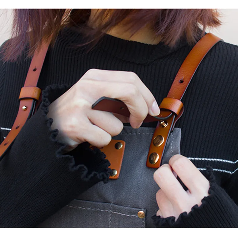 Black Gray Denim Apron Leather Straps D82A-7