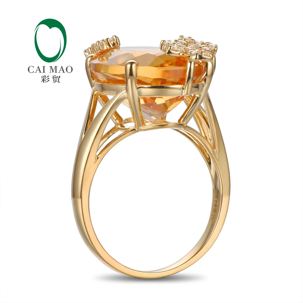 CaiMao 14K Yellow Gold 10.19ct Natural Citrine 0.18ct Pave Diamond Engagement Ring Free Shipping