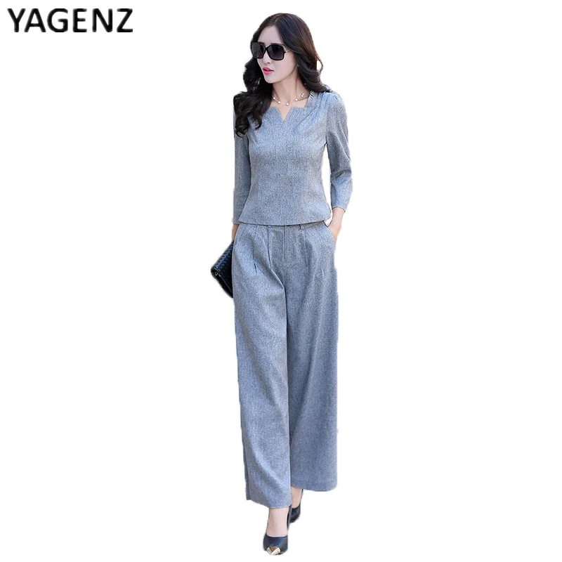 

YAGENZ Cotton Linen Women Two-pieces Suit Office Clothing 2017 Spring New Women Casual Elegant Tops+Wide Leg long Pant Suit XXL