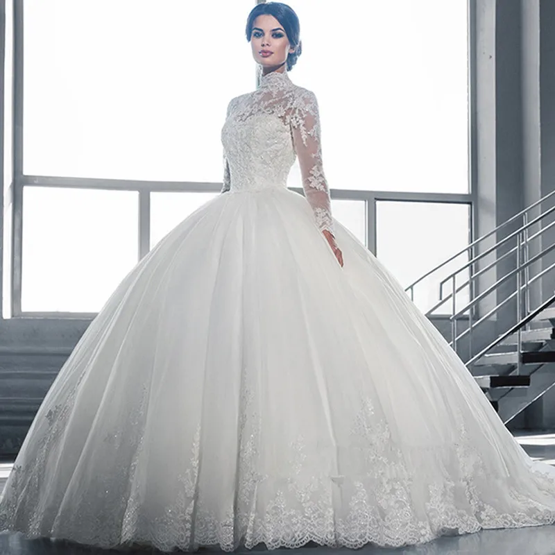 Beautiful White Ball Gown Wedding Dress Lace Sheer Neckline Long Beautiful White Ball Gown Wedding Dress Lace Sheer Neckline Long Sleeve Tulle Vestidos De Noiva In Dresses From Weddings Events On