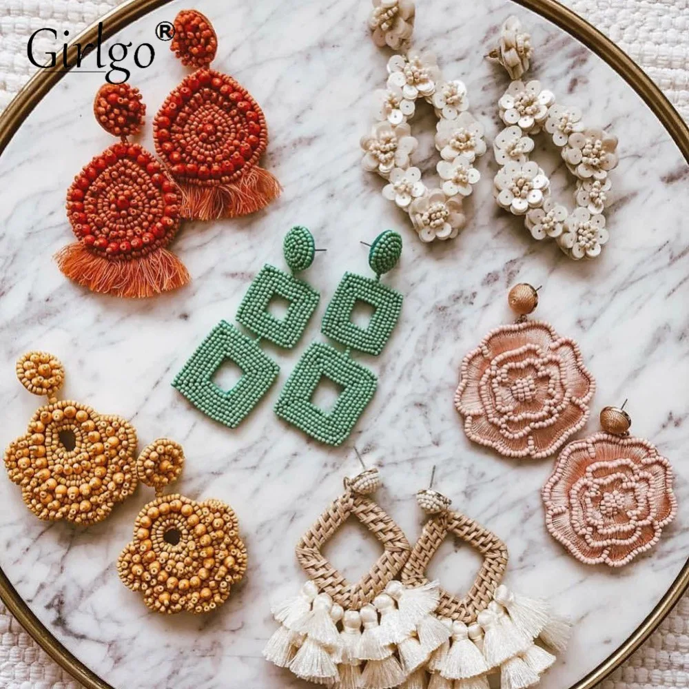 Серьги с бахромой в этническом стиле Girlgo Boho, большие кисточки,, ручная работа, большие бусины, массивные серьги, вечерние Висячие висячие серьги, подарок