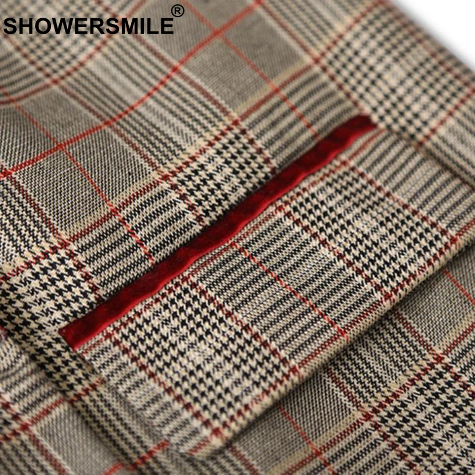 SHOWERSMILE 2018 Long Vest Women Plaid Waistcoat Khaki Office Gilet Female Checkered Pockets Designer Autumn Sleeveless Jackets