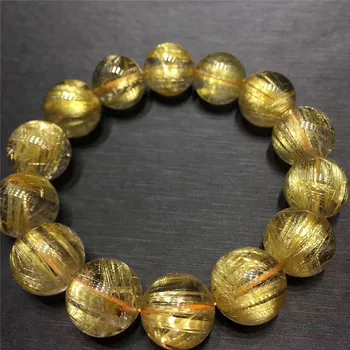 

16mm Genuine Natural Gold Hair Rutilated Quartz Bracelet Crystal Round Beads Stretch Wealthy Lucky Stone Gift AAAAA Certificate